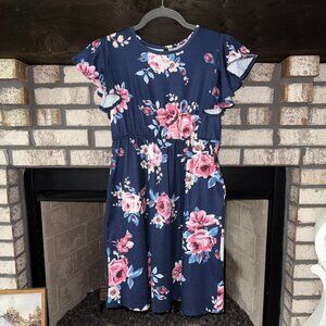 HOSIKA Girls Floral Dress Ruffle Sleeve Boho Dress with Pockets Size 12 (XL)